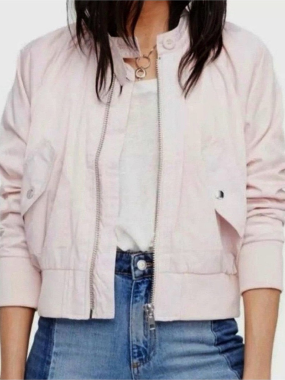 Free People Pale Pink Bomber Jacket with Front Zip